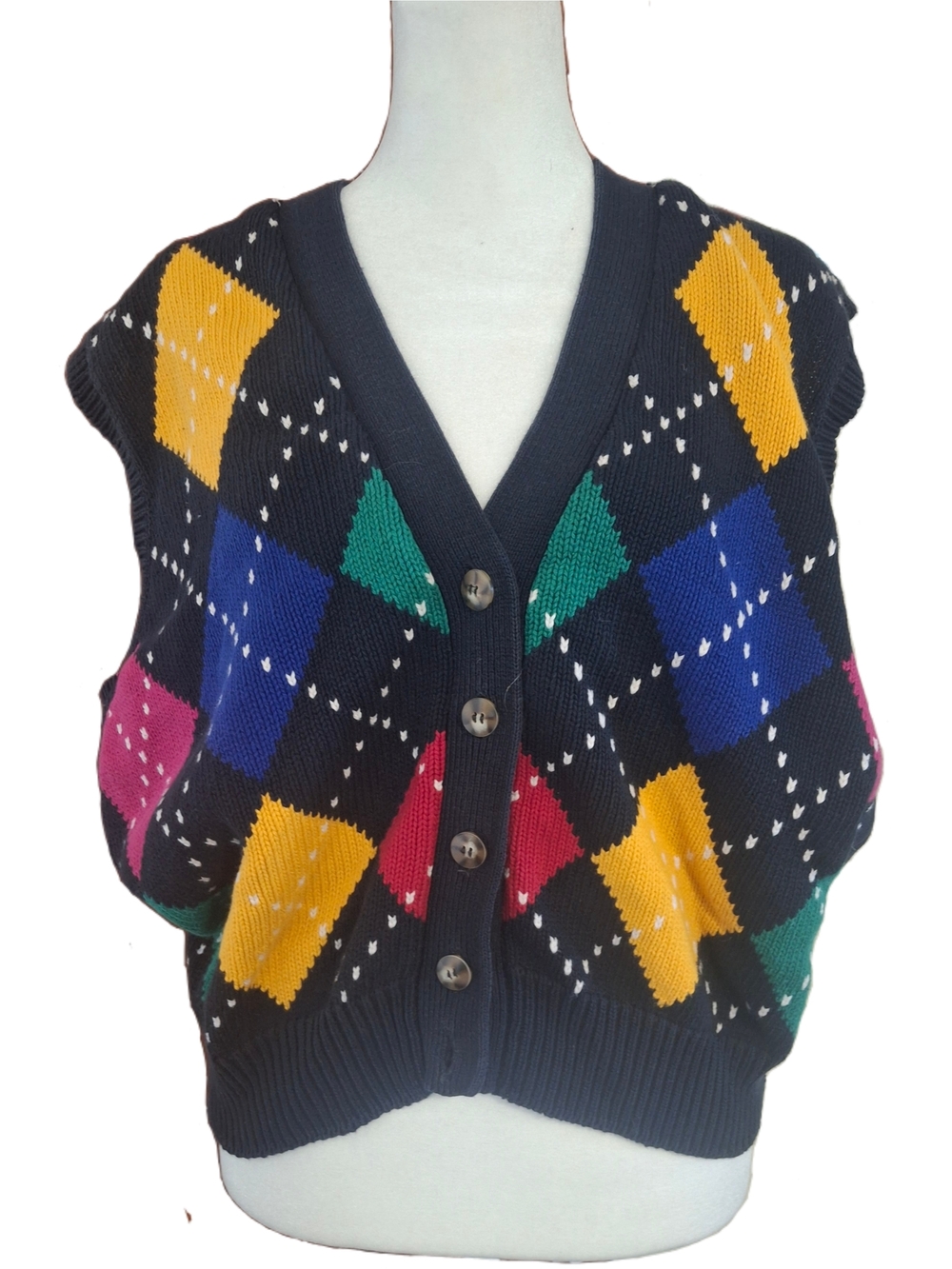 Argyle Button-Front Sweater Vest in Black with Multicolor Diamonds